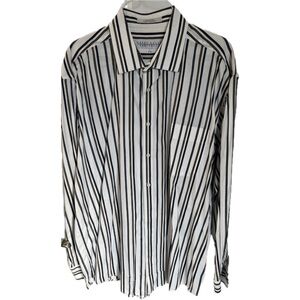 Perry Ellis Portfolio brown/black stripe dress shirt, 100% cotton, size 17.